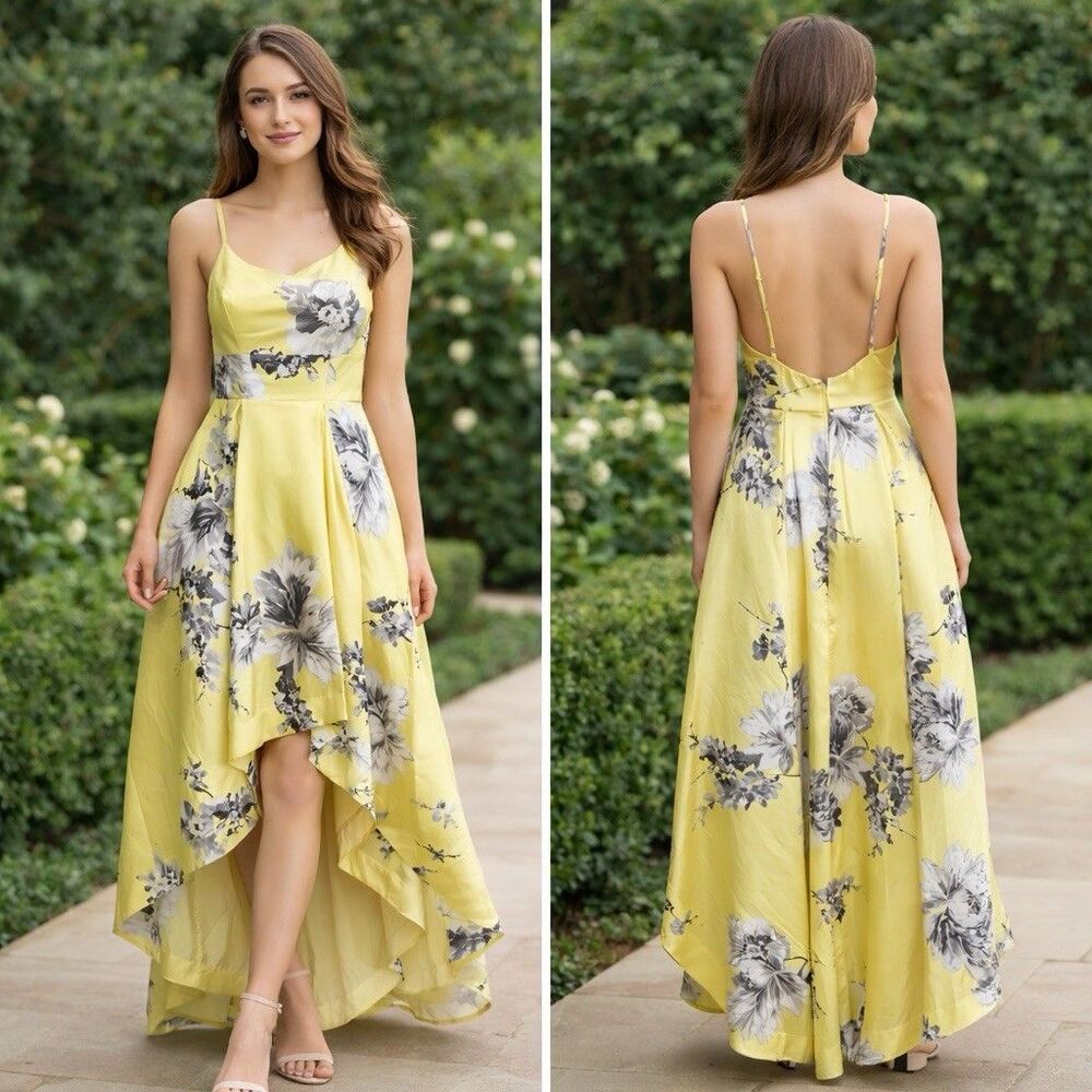 Speechless Yellow Floral High Low Dress Size 5 Spaghetti Strap Prom Formal Satin